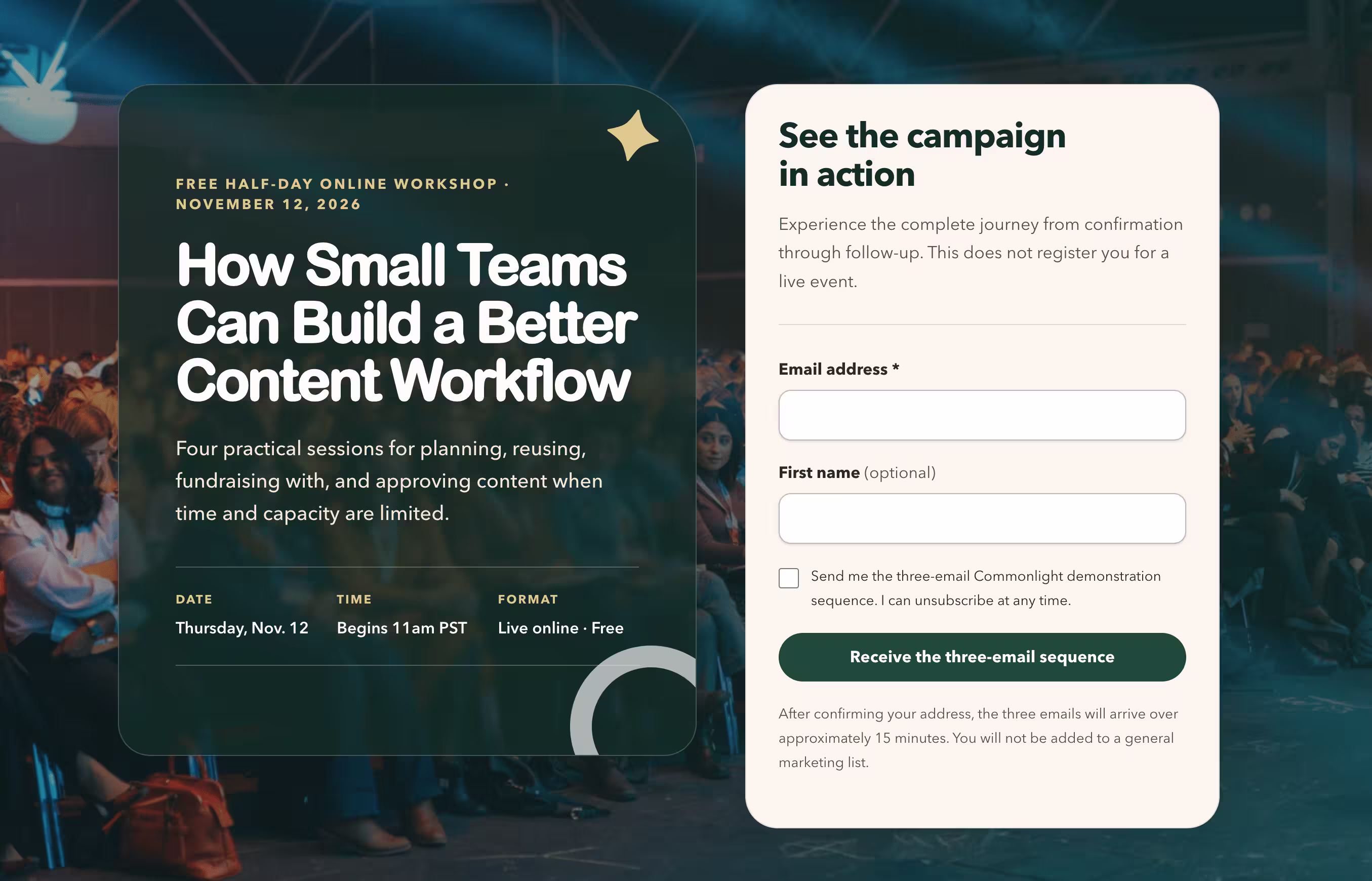 Commonlight Studio demonstration landing page with workshop details and an email sequence request form